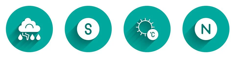 Set Cloud and lightning, Compass south, Sun and north icon with long shadow Stock Illustration