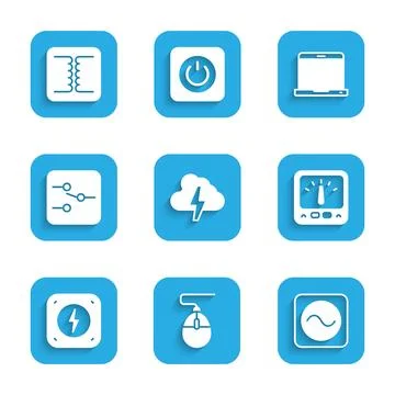 Set Cloud and lightning, Computer mouse, AC voltage source, Ampere meter, m.. Illustrazione stock