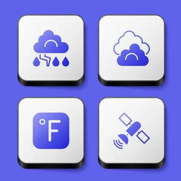 Set Cloud and lightning, Fahrenheit and Satellite icon. White square button Stock Illustration