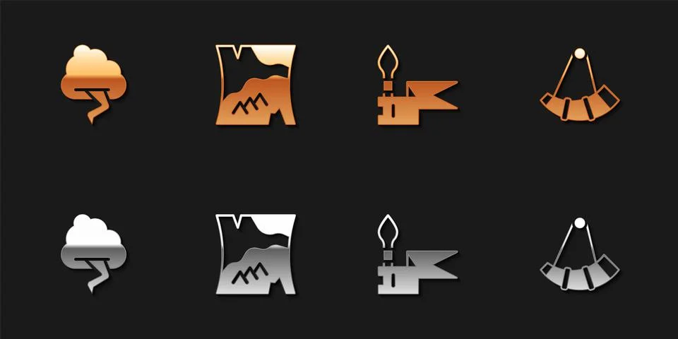Set Cloud and lightning, Folded map, Medieval spear and Hunting horn icon. Ve Illustrazione stock