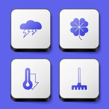 Set Cloud and lightning, Four leaf clover, Thermometer and Garden rake icon Stock Illustration