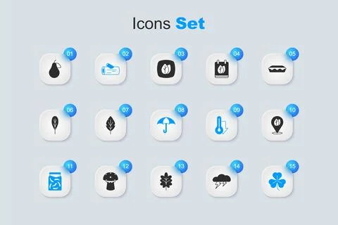 Set Cloud and lightning, Leaf, Wooden log, Pickled cucumbers jar, Clover, L.. Stockillustratie