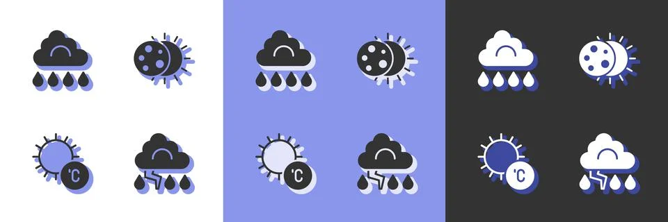 Set Cloud and lightning, with rain, Sun and Eclipse of the sun icon. Vector Stock Illustration
