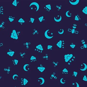 Set Cloud and lightning, Satellite, Moon stars and with snow on seamless pattern Stock Illustration