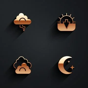 Set Cloud and lightning, Sunset, and Moon stars icon with long shadow. Vector Stockillustratie