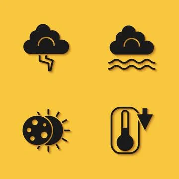 Set Cloud and lightning, Thermometer, Eclipse of the sun and Fog cloud icon with 스톡 일러스트