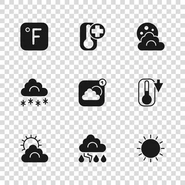 Set Cloud and lightning, Thermometer, Sun, Weather forecast app, with moon,.. Stock-Illustration