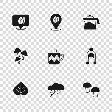 Set Cloud and lightning, Winter hat, Mushroom, Cup of tea, Teapot, Location.. Illustrazione stock