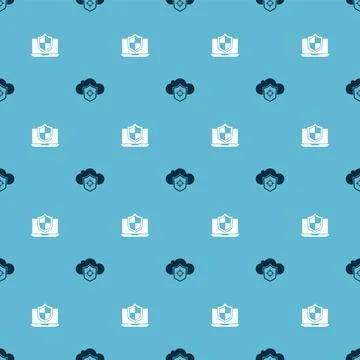 Set Cloud and shield and Laptop protected with on seamless pattern. Vector Stock Illustration