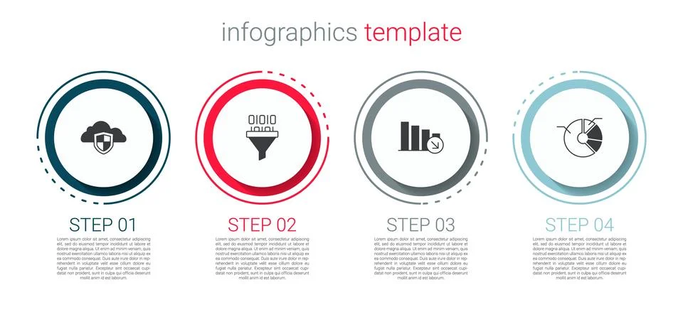 Set Cloud and shield, Binary code, Financial growth decrease and Pie chart Illustrazione stock