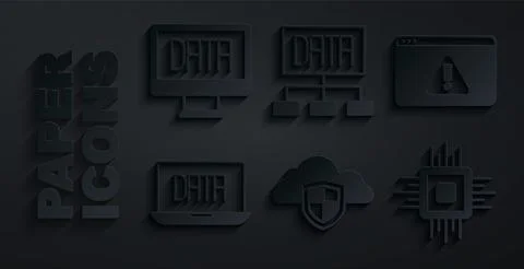 Set Cloud and shield, Browser with exclamation mark, Data analysis, Process.. Stock Illustration