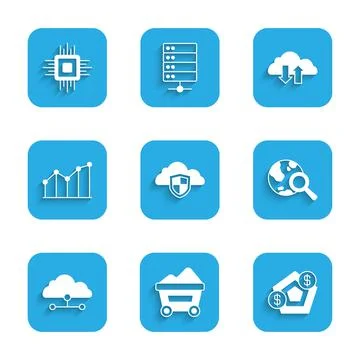 Set Cloud and shield, Coal mine trolley, Financial growth, Search globe, Network Illustrazione stock