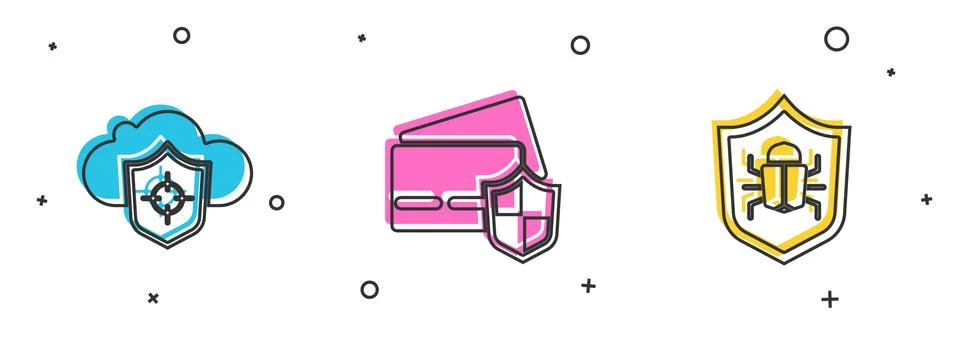 Set Cloud and shield, Credit card with and System bug icon. Vector イラスト素材