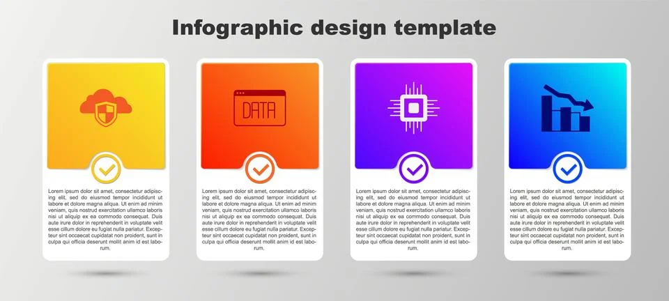 Set Cloud and shield, Data analysis, Processor CPU and Financial growth decre Stock Illustration