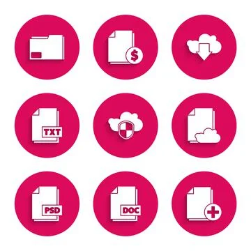 Set Cloud and shield, DOC file document, Add new, storage text, PSD, TXT Illustrazione stock