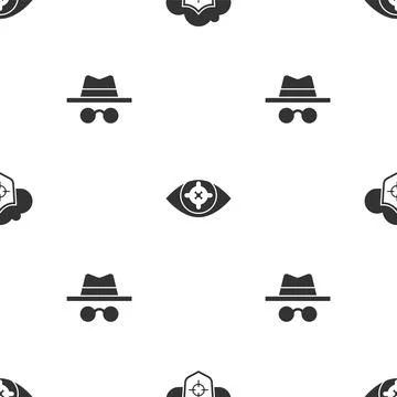 Set Cloud and shield, Eye scan and Incognito mode on seamless pattern. Vector Stockillustratie