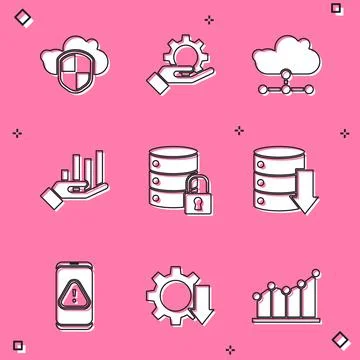 Set Cloud and shield, Hand settings gear, Network cloud connection, Pie chart Illustrazione stock