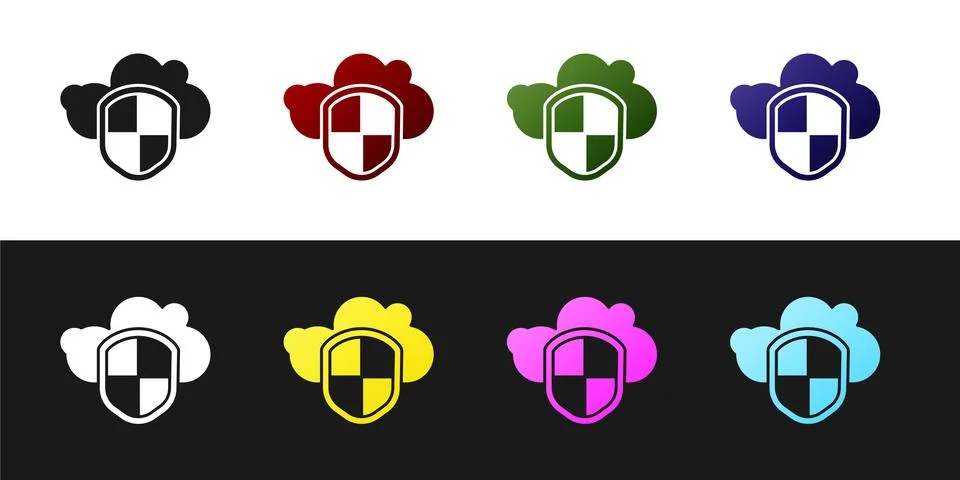 Set Cloud and shield icon isolated on black and white background. Cloud storage Stock Illustration