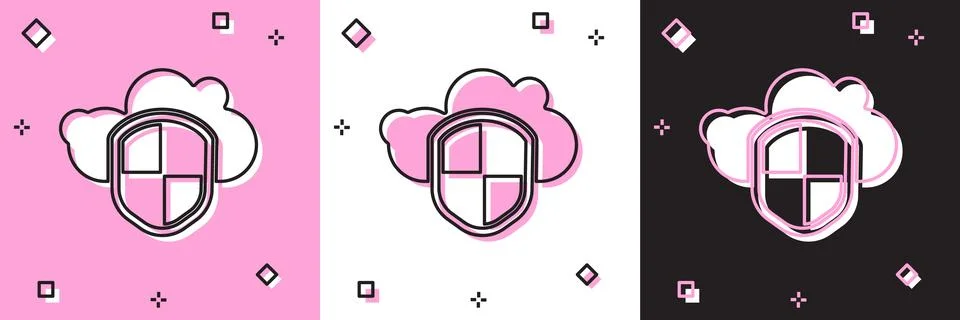 Set Cloud and shield icon isolated on pink and white, black background. Cloud Stock Illustration