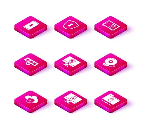 Set Cloud and shield, Lock on computer monitor screen, Password protection Illustrazione stock