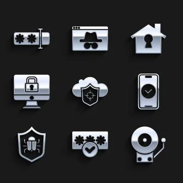 Set Cloud and shield, Password protection, Ringing alarm bell, Smartphone Illustrazione stock