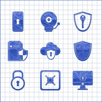 Set Cloud and shield, Safe, Lock on computer monitor screen, Shield with cyber Illustrazione stock