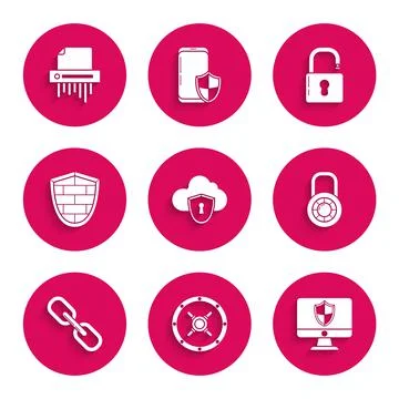 Set Cloud and shield, Safe, Computer monitor, combination lock wheel, Chain link Stock-Illustration