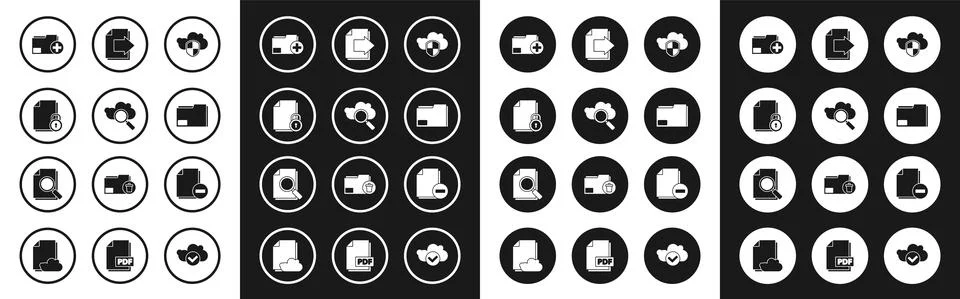 Set Cloud and shield, Search cloud computing, Document lock, Add new folder Stock Illustration