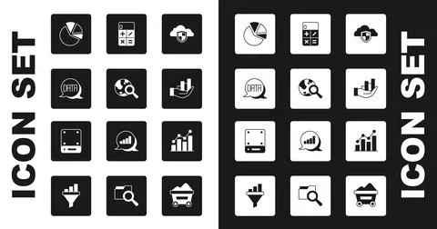 Set Cloud and shield, Search globe, Data analysis, Pie chart infographic Illustrazione stock