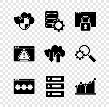 Set Cloud and shield, Server gear, Secure your site with HTTPS, SSL, Password Ilustração Stock