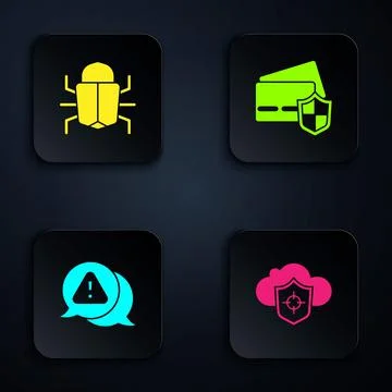 Set Cloud and shield, System bug, Exclamation mark in triangle and Credit card Stock Illustration