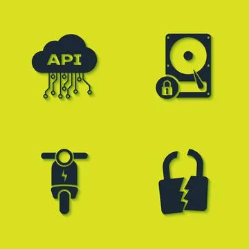 Set Cloud api interface, Broken or cracked lock, Electric scooter and Hard disk 스톡 일러스트