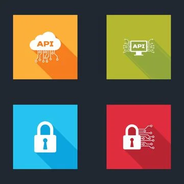 Set Cloud api interface, Computer, Lock and Cyber security icon. Vector Stock Illustration
