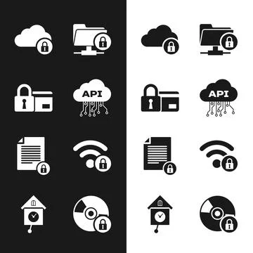 Set Cloud api interface, Credit card with lock, computing, FTP folder and Stock Illustration
