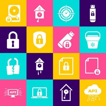 Set Cloud api interface, Document and lock, Cooler bag, Time Management, Shield Stock Illustration