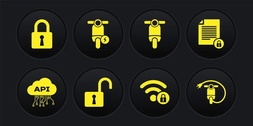 Set Cloud api interface, Document and lock, Open padlock, Wifi locked, Scooter 스톡 일러스트