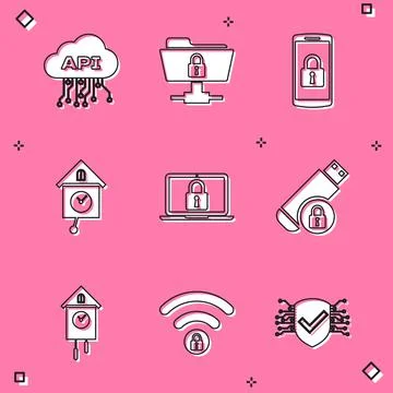 Set Cloud api interface, FTP folder and lock, Smartphone with, Retro wall watch Illustrazione stock