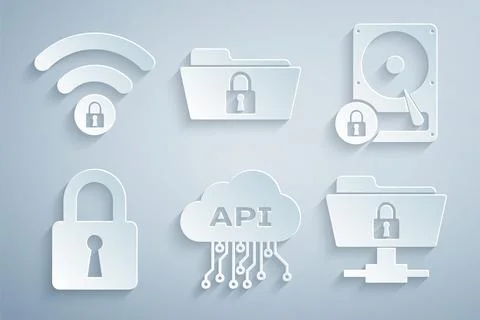 Set Cloud api interface, Hard disk drive and lock, Lock, FTP folder, Folder and Stock Illustration