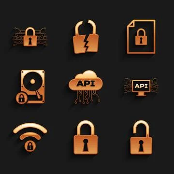 Set Cloud api interface, Lock, Open padlock, Computer, Wifi locked and Hard disk Illustrazione stock
