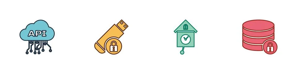 Set Cloud api interface, USB flash drive with lock, Retro wall watch and Server 스톡 일러스트
