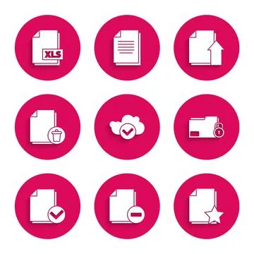 Set Cloud with check mark, Document minus, star, Folder and lock, Delete file Stock Illustration