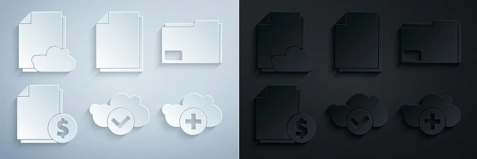 Set Cloud with check mark, Document folder, Finance document, Add cloud, and Stock Illustration