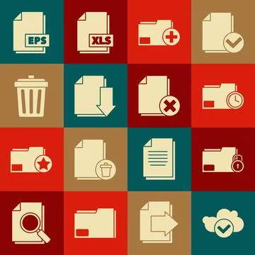 Set Cloud with check mark, Folder and lock, Document folder clock, Add new Illustrazione stock