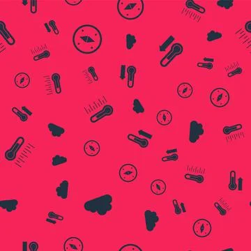 Set Cloud, Compass, Meteorology thermometer and on seamless pattern. Vector Stock Illustration