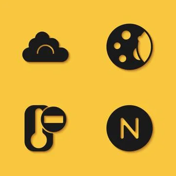 Set Cloud, Compass north, Thermometer and Moon phases icon with long shadow Stock Illustration