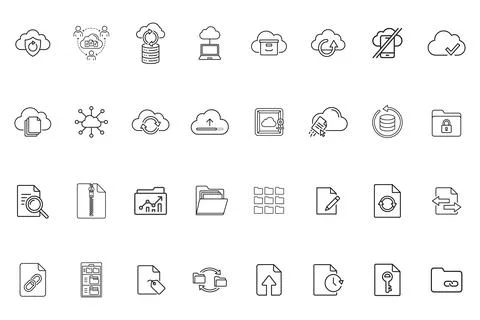 Set of cloud computing and file management line icons Stockillustratie