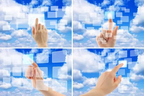 Set of cloud computing concept with woman hand Stock Photos