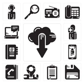 Set of Cloud computing, Diskette, Clipboard, Location, Phone book, Smartphone Free Stock Illustration