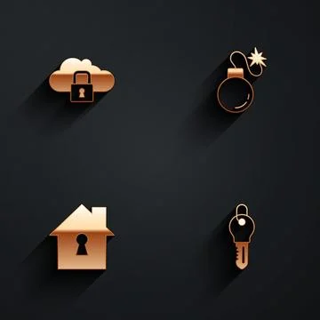 Set Cloud computing lock, Bomb, House under protection and Key icon with long Illustrazione stock