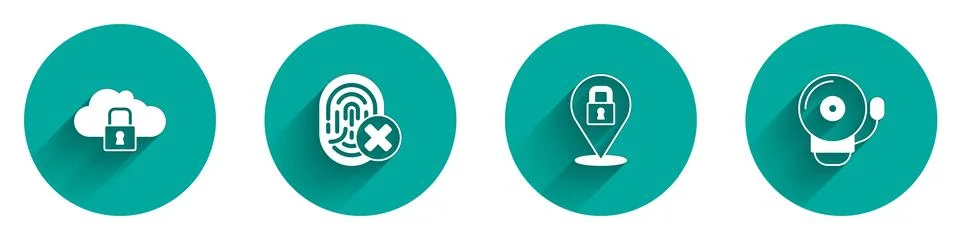 Set Cloud computing lock, Cancelled fingerprint, Lock and Ringing alarm bell Illustrazione stock